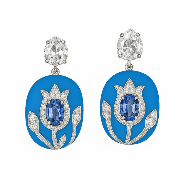 18k White Gold Rose Cut Diamond Handmade Dangle Earrings - Natural Blue Sapphire & Blue Enamel Earrings Hover Image