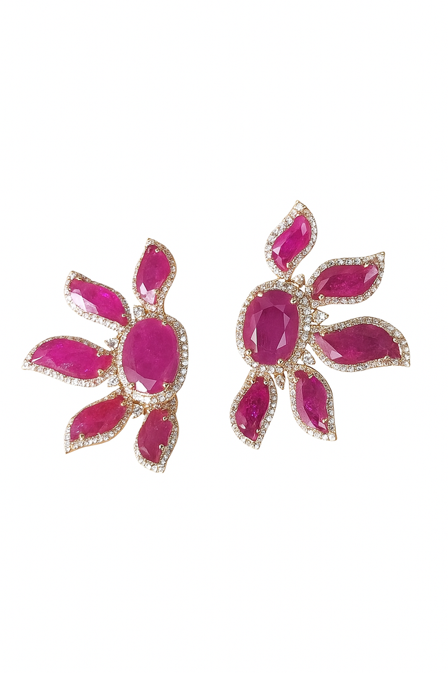18k Rose Gold Diamond Earrings - Natural Mozambique Ruby Handmade Stud Earrings Hover Image