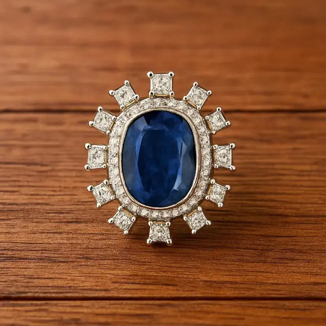 15.88 Ct. Burma Blue Sapphire Cocktail Ring - 18k White Gold Diamond Ring Main Image