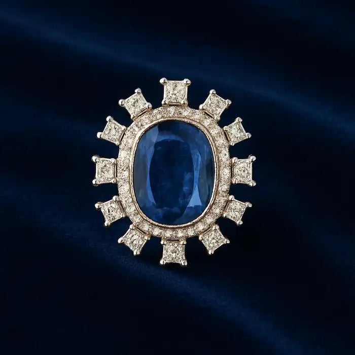 15.88 Ct. Burma Blue Sapphire Cocktail Ring - 18k White Gold Diamond Ring