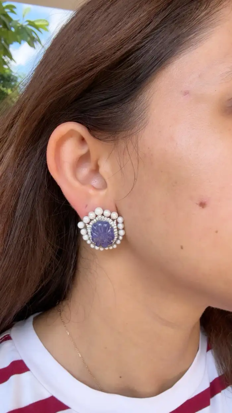 18k White Gold Diamond Stud Earrings - Hand Carved Tanzanite & Fresh Water Pearl Earrings