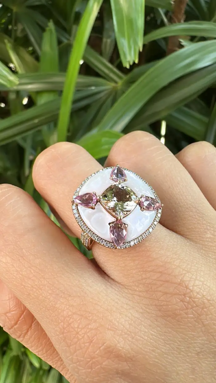 Natural Morganite & Pink Sapphire Cocktail Ring - 18k Rose Gold Diamond Handmade Ring