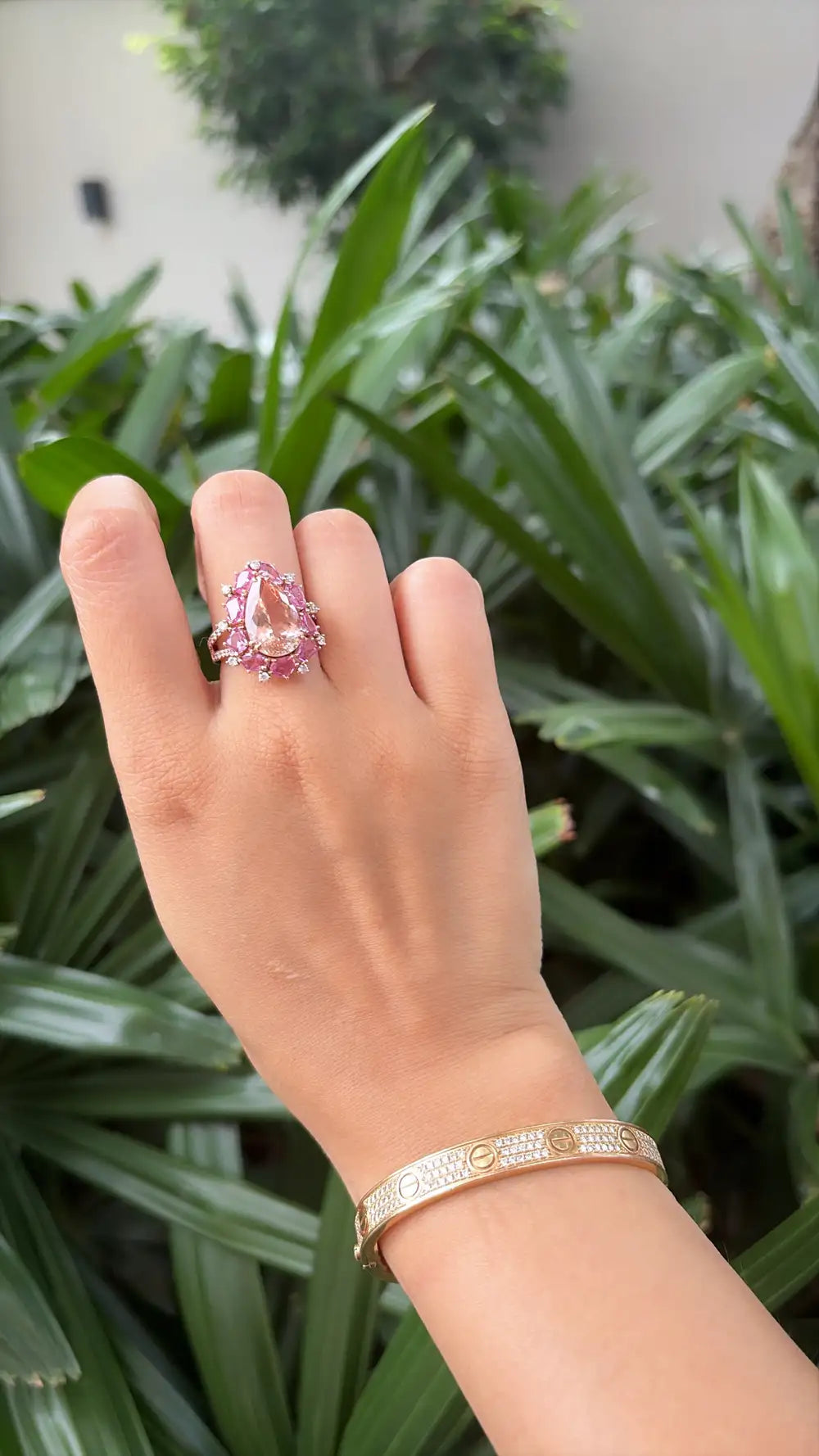 Natural Morganite & Pink Sapphire Cocktail Ring - 18k Rose Gold Diamond Ring