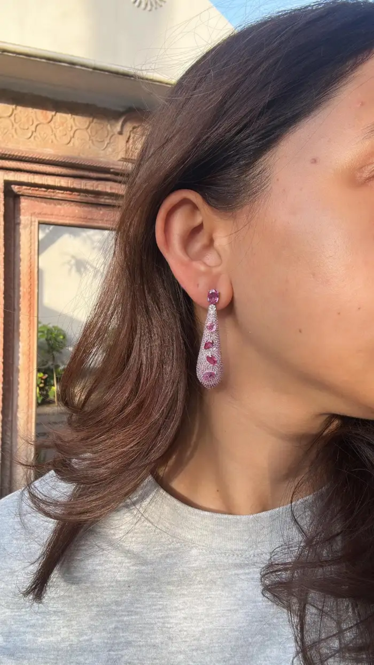 18k White Gold Diamond Dangle Earrings - Natural Pink Sapphire Gemstone Earrings