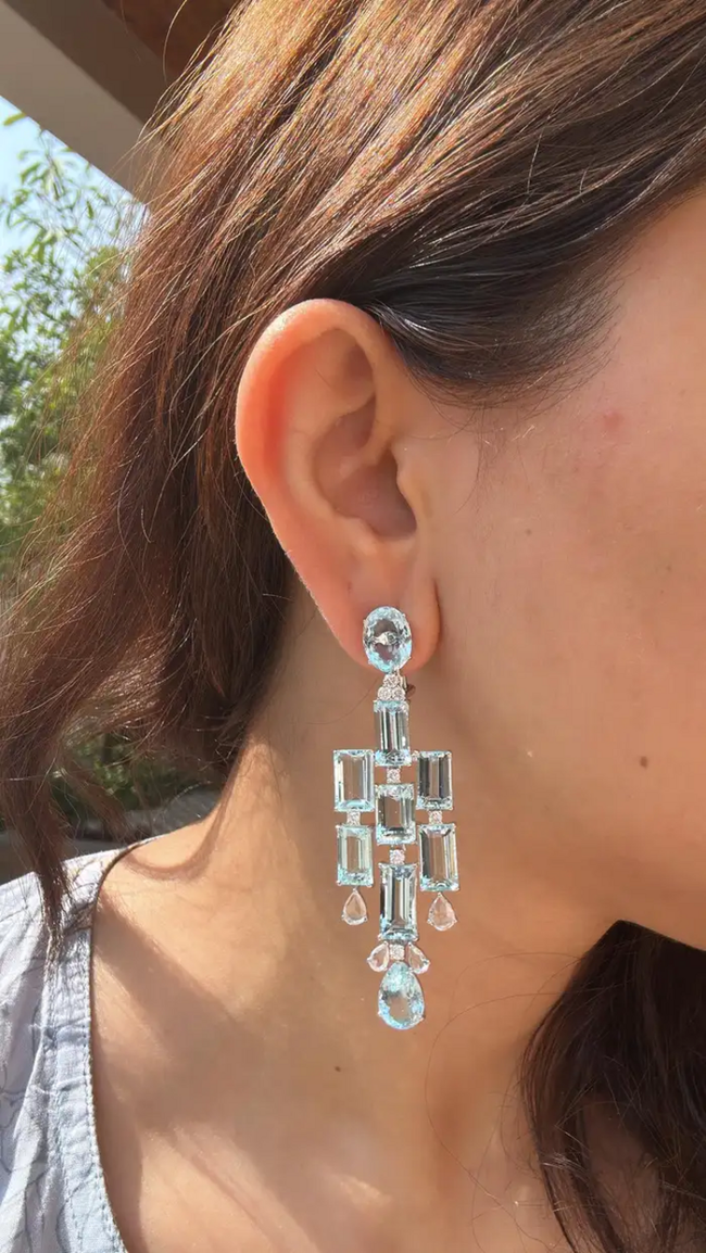 Natural Aquamarine Gemstone Chandelier Earrings - 18k White Gold Diamond Handmade Dangle Earrings Main Image