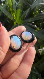 Natural Ethiopian Opal & Black Onyx Stud Earrings - 18k White Gold Diamond Stud Earrings