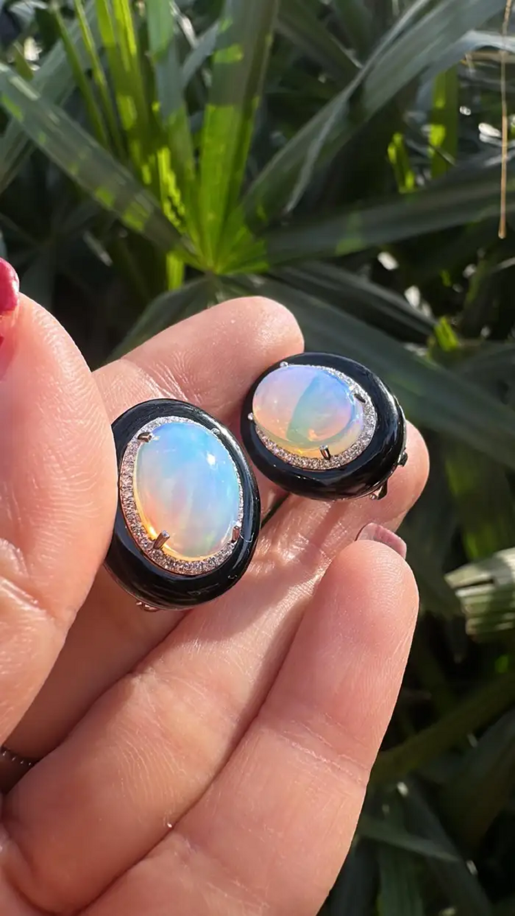 Natural Ethiopian Opal & Black Onyx Stud Earrings - 18k White Gold Diamond Stud Earrings
