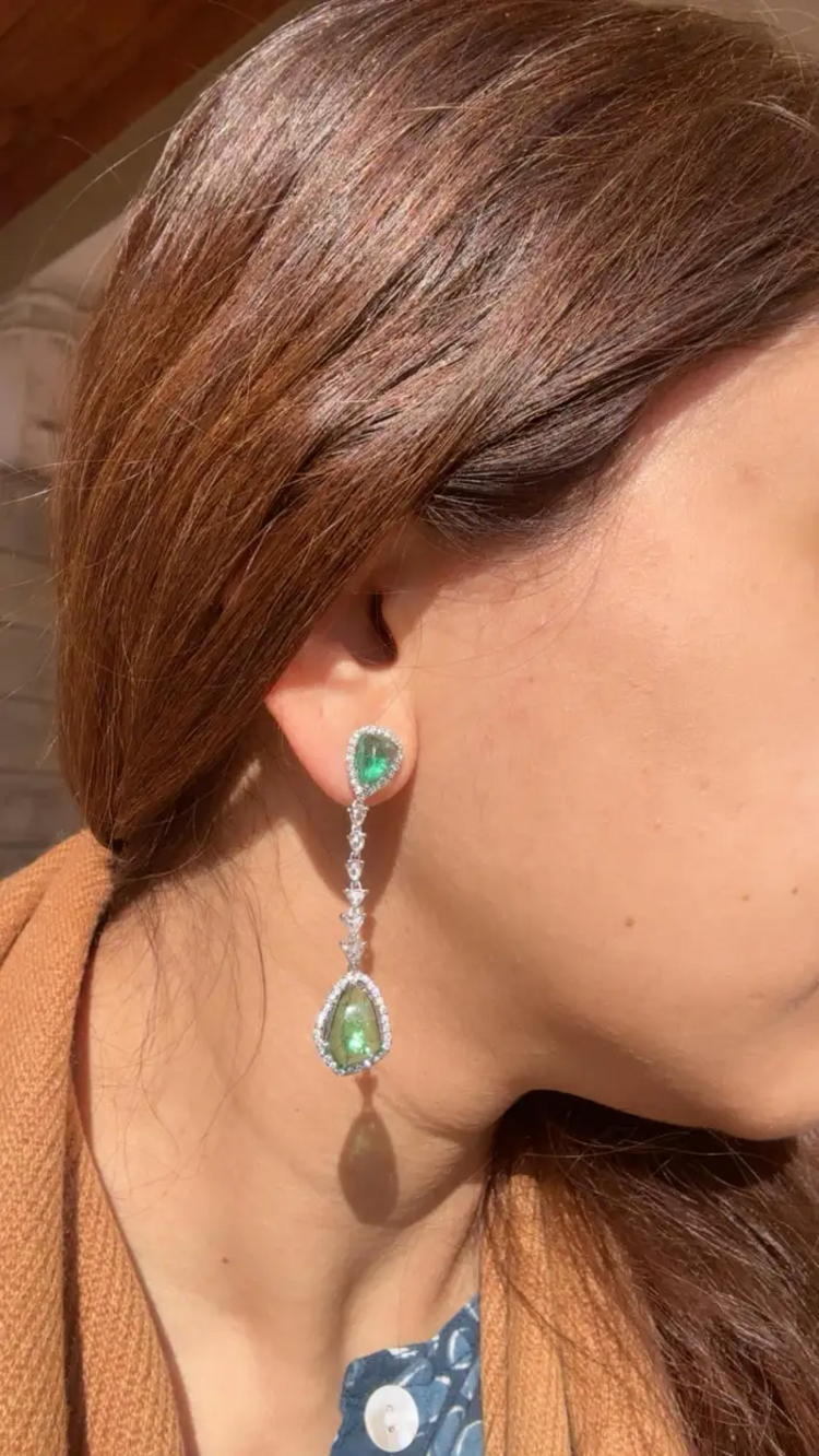 Natural Zambian Emerald & Rose Cut Diamond Dangle Earrings - 18k White Gold Handmade Drop Dangle Earrings
