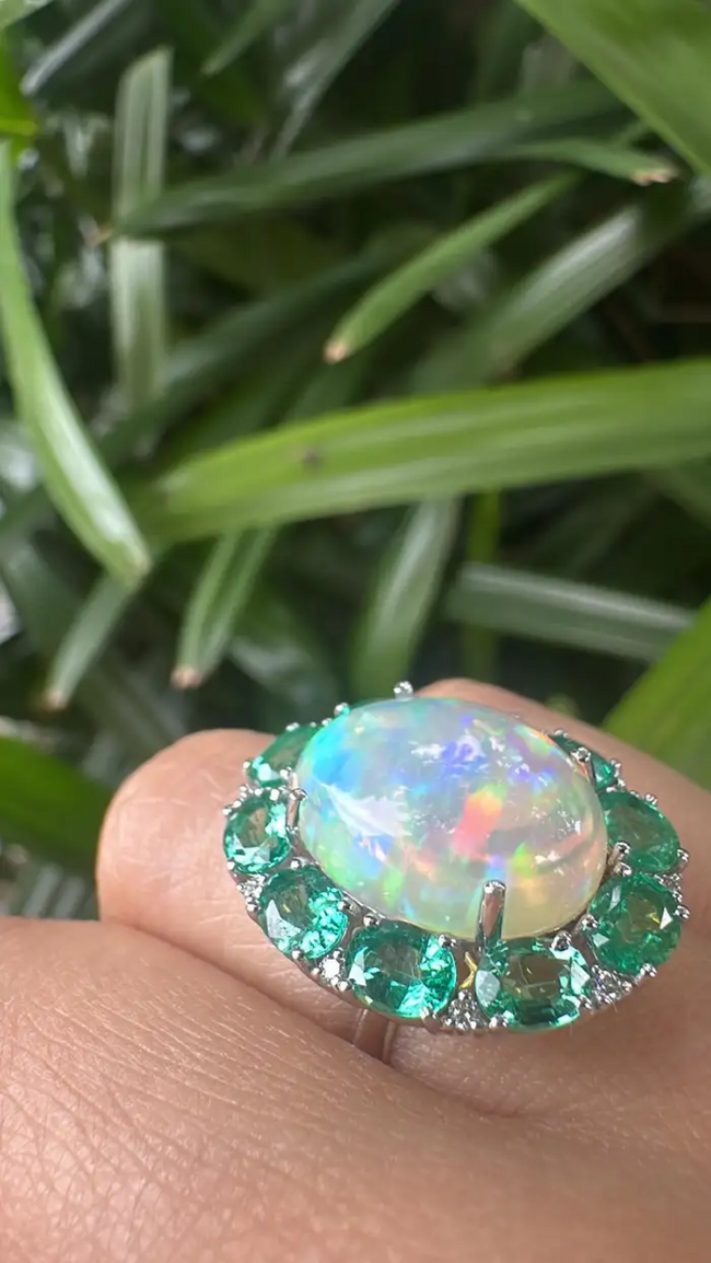 18k White Gold Diamond Ring - Natural Ethiopian Opal & Zambian Emerald Cocktail Ring Main Image