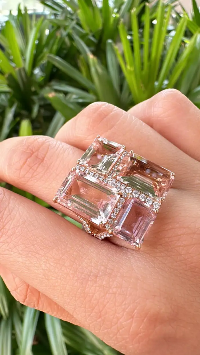 Natural Morganite Gemstone Cocktail Ring - 18k Rose Gold Diamond Ring Main Image