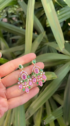 Natural Pink Sapphire & Tsavorite Dangle Earrings - 18k Yellow Gold Diamond Earrings
