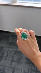 18k White Gold Diamond Ring - Natural Zambian Emerald Cocktail Ring