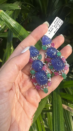 18k White Gold Diamond Dangle Earrings - Carved Tanzanite, Ruby & Emerald Earrings