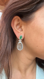 Natural Zambian Emerald & Aquamarine Gemstone Dangle Earrings - 18k White Gold Rose Cut Diamond Earrings