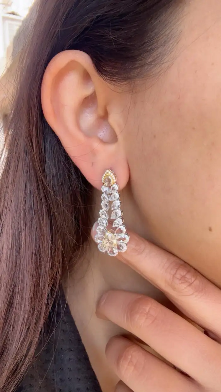 Natural Yellow & White Rose Cut Diamond Dangle Earrings - 18k White Gold Chandelier Earrings