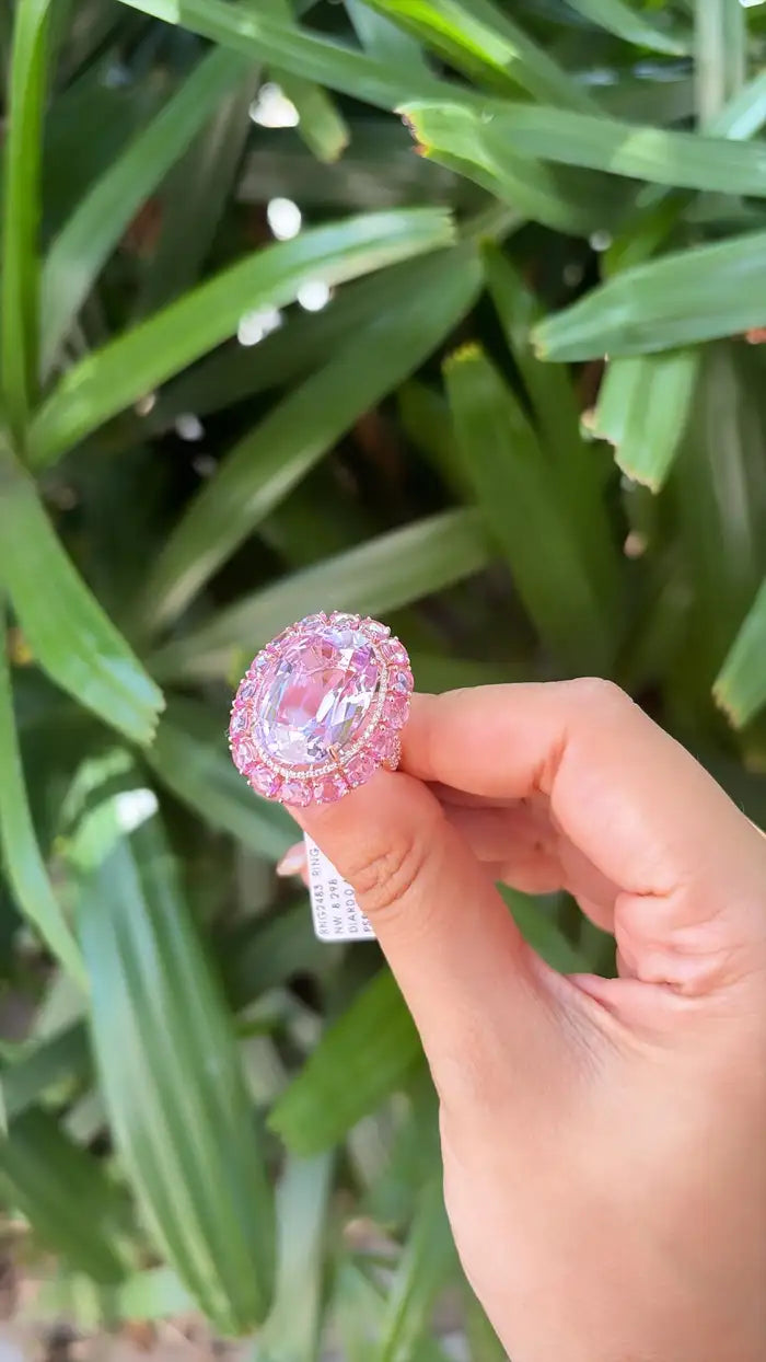 26.87 Ct. Kunzite & Pink Sapphire Cocktail Ring - 18k Rose Gold Diamond Wedding Ring