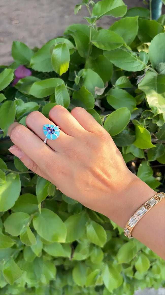 Natural Tanzanite & Turquoise Enamel Wedding Ring - 18k White Gold Diamond Engagement Ring Main Image