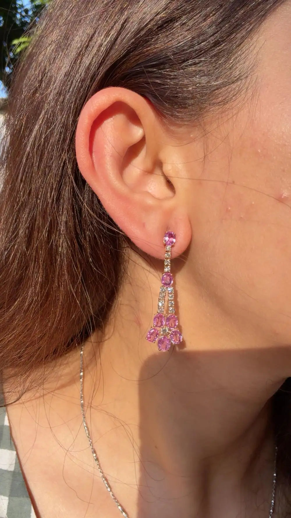 Natural Pink Sapphire Gemstone Dangle Earrings - 18k Rose Gold Diamond Earrings