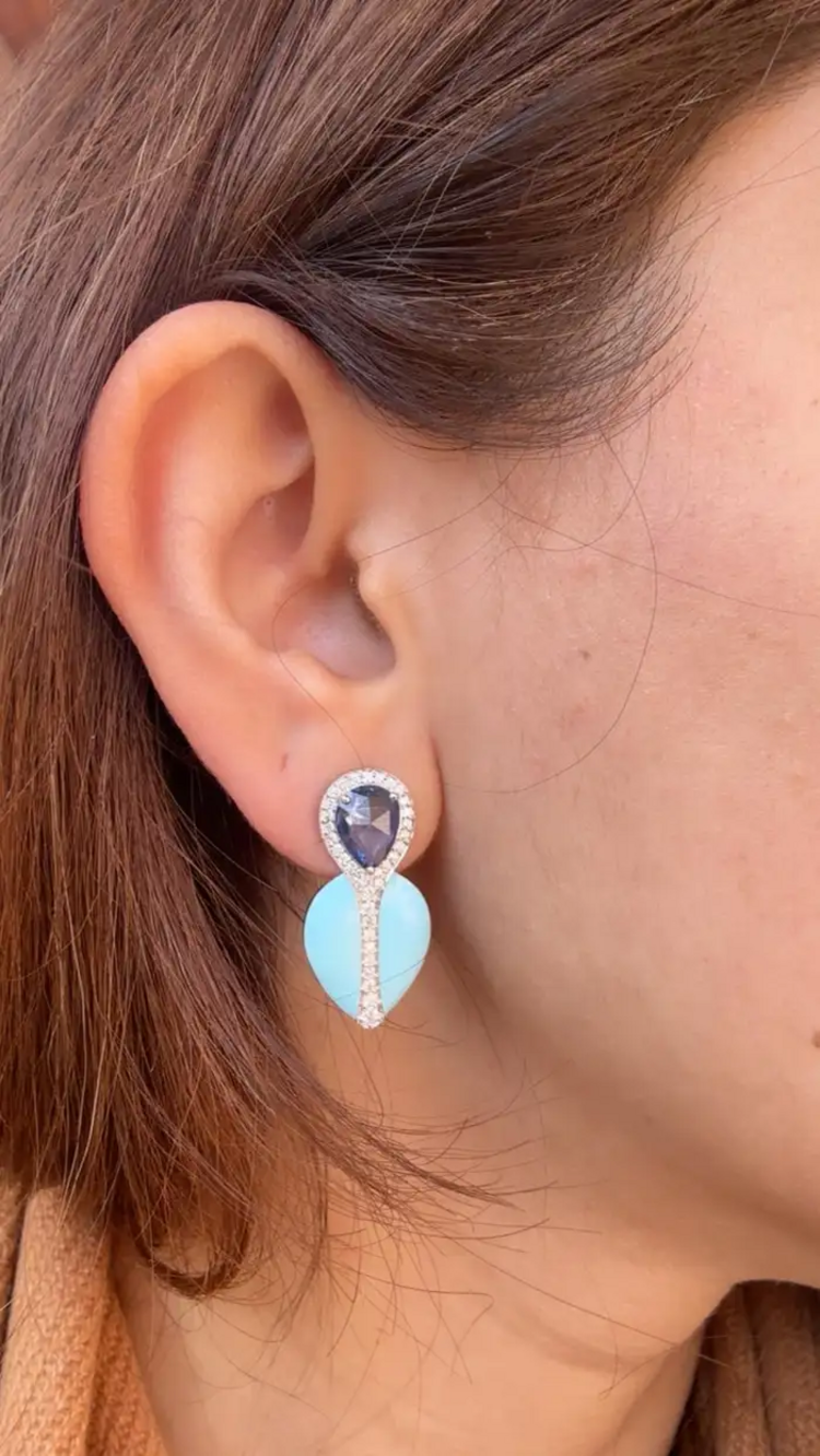 Natural Blue Sapphire & Turquoise Enamel Stud Earrings - 18k White Gold Diamond Earrings
