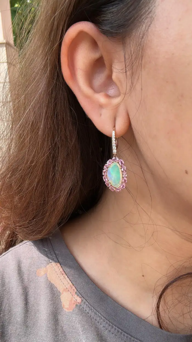 Natural Pink Sapphire & Ethiopian Opal Earrings - 18k Yellow Gold Diamond Earrings Main Image
