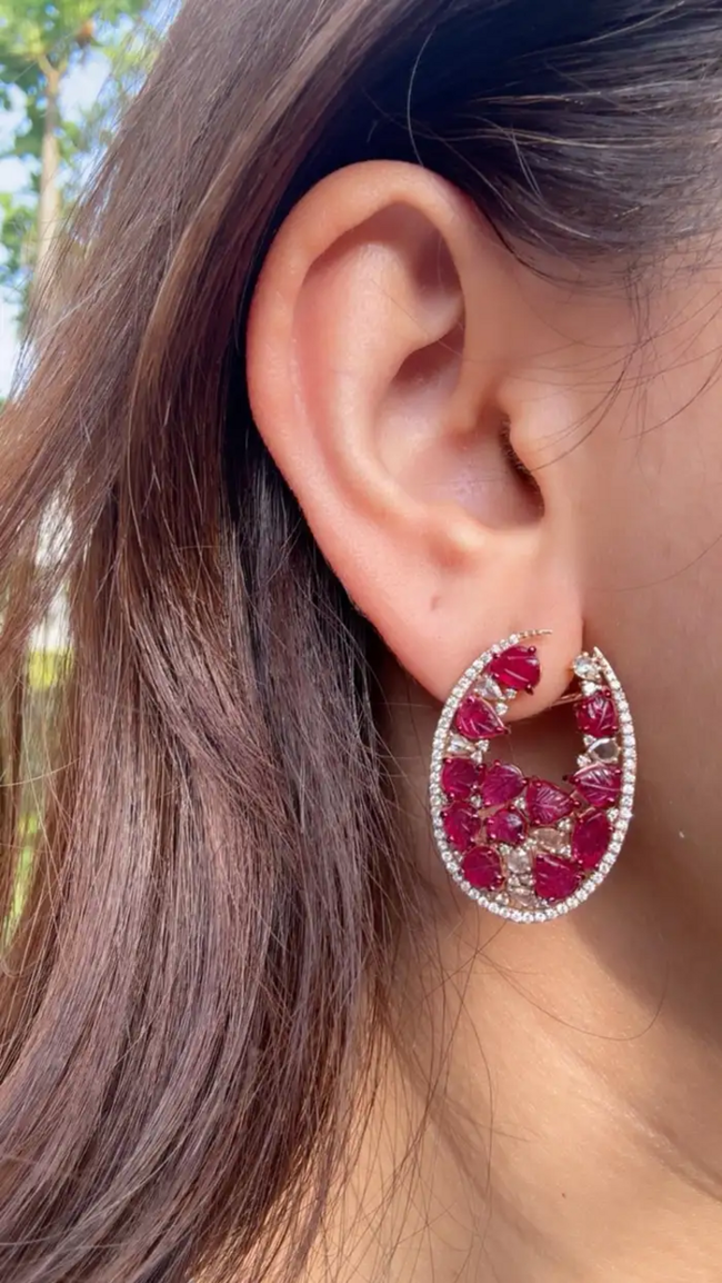 Carved Mozambique Ruby Hoop Earrings - 18k Rose Gold Diamond Earrings Main Image