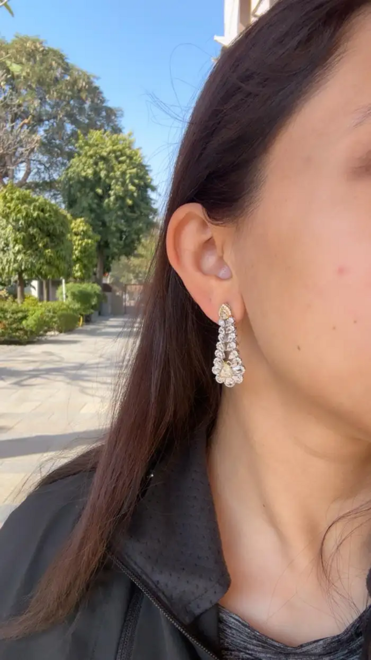 Natural Yellow & White Rose Cut Diamond Dangle Earrings - 18k White Gold Chandelier Earrings
