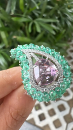 Natural Emerald & Pink Sapphire  Statement Ring - 18k White Gold Diamond Handmade Ring