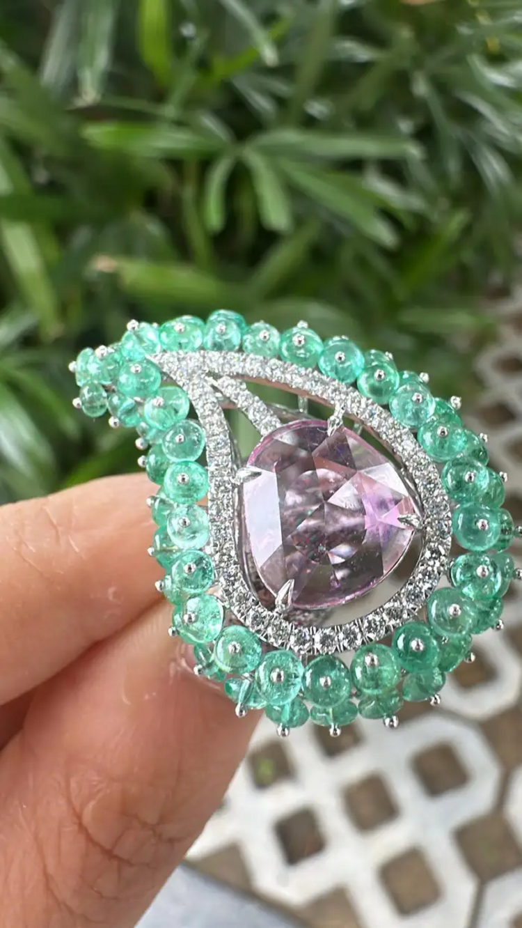 Natural Emerald & Pink Sapphire  Statement Ring - 18k White Gold Diamond Handmade Ring