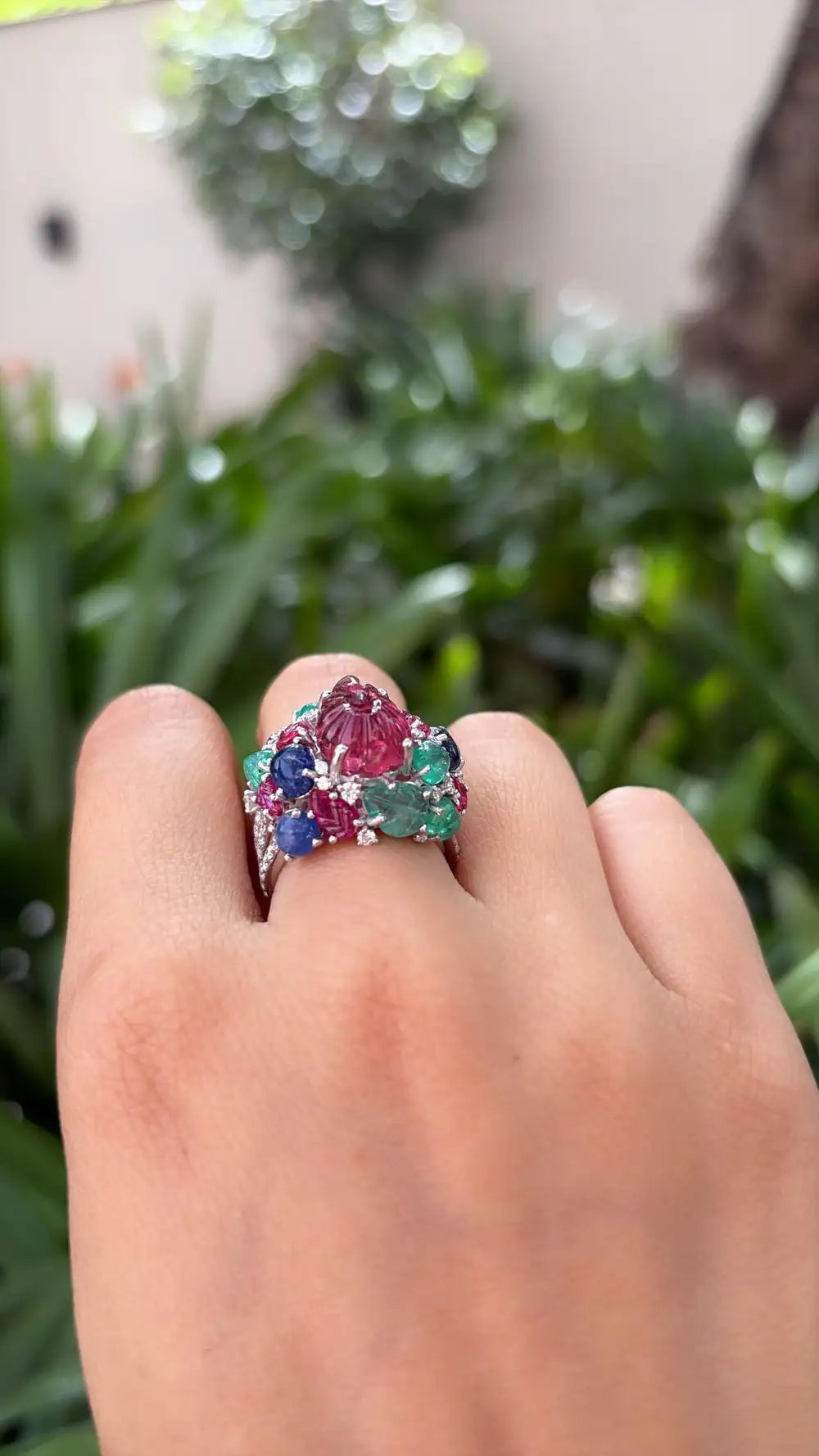 Natural Rubelite, Blue Sapphire, Ruby & Emerald Gemstone Cocktail Ring - 18k White Gold Diamond Ring