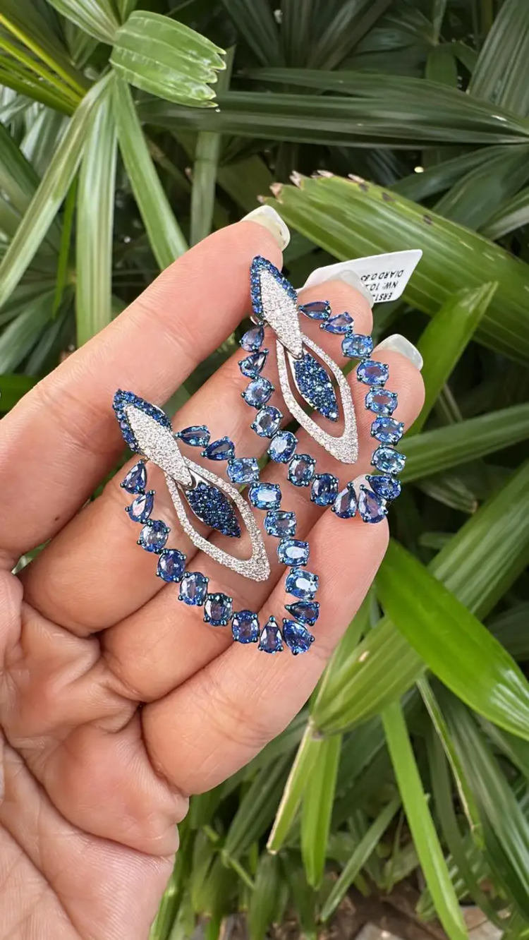 18k White Gold Diamond Earrings - Natural Blue Sapphire Dangle Earrings