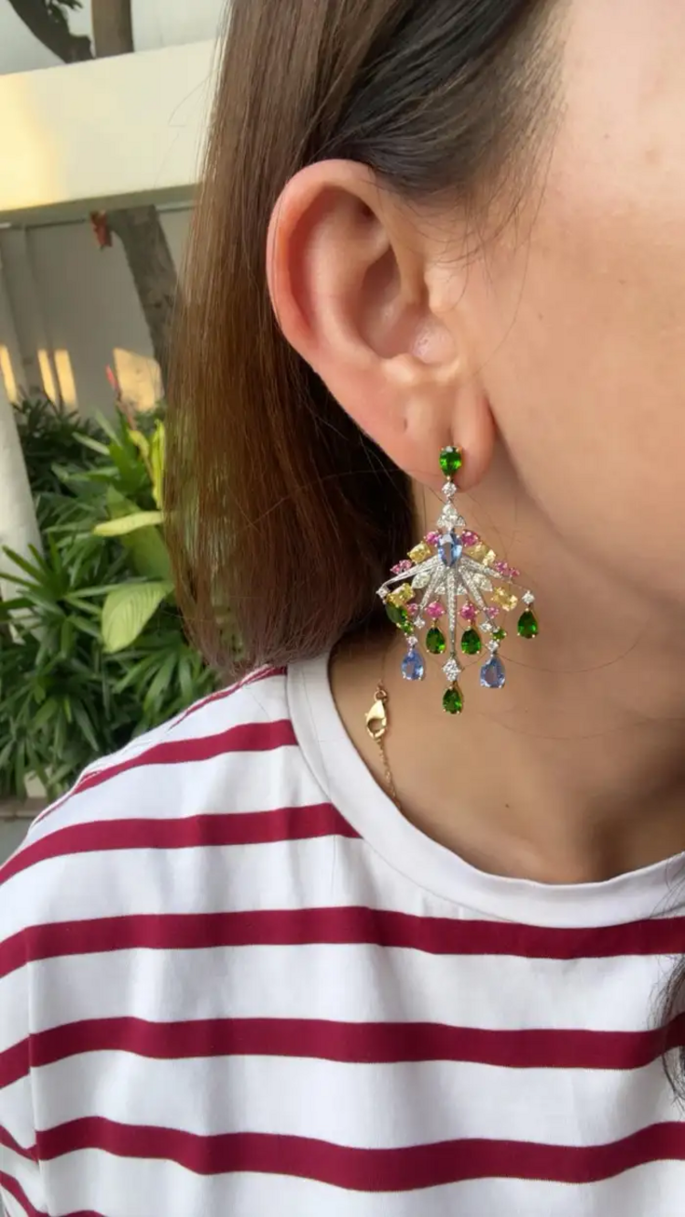 18k White Gold Diamond Chandelier Earring - Natural Multi Sapphire Dangle Earrings