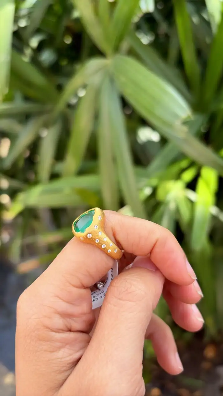 18k Yellow Matte Gold Ring - Natural Zambian Emerald & Diamond Ring