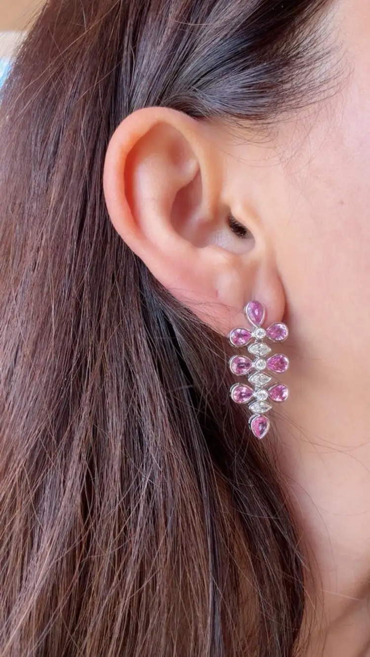 18k White Gold Diamond Dangle Earrings - Natural Pink Sapphire Earrings