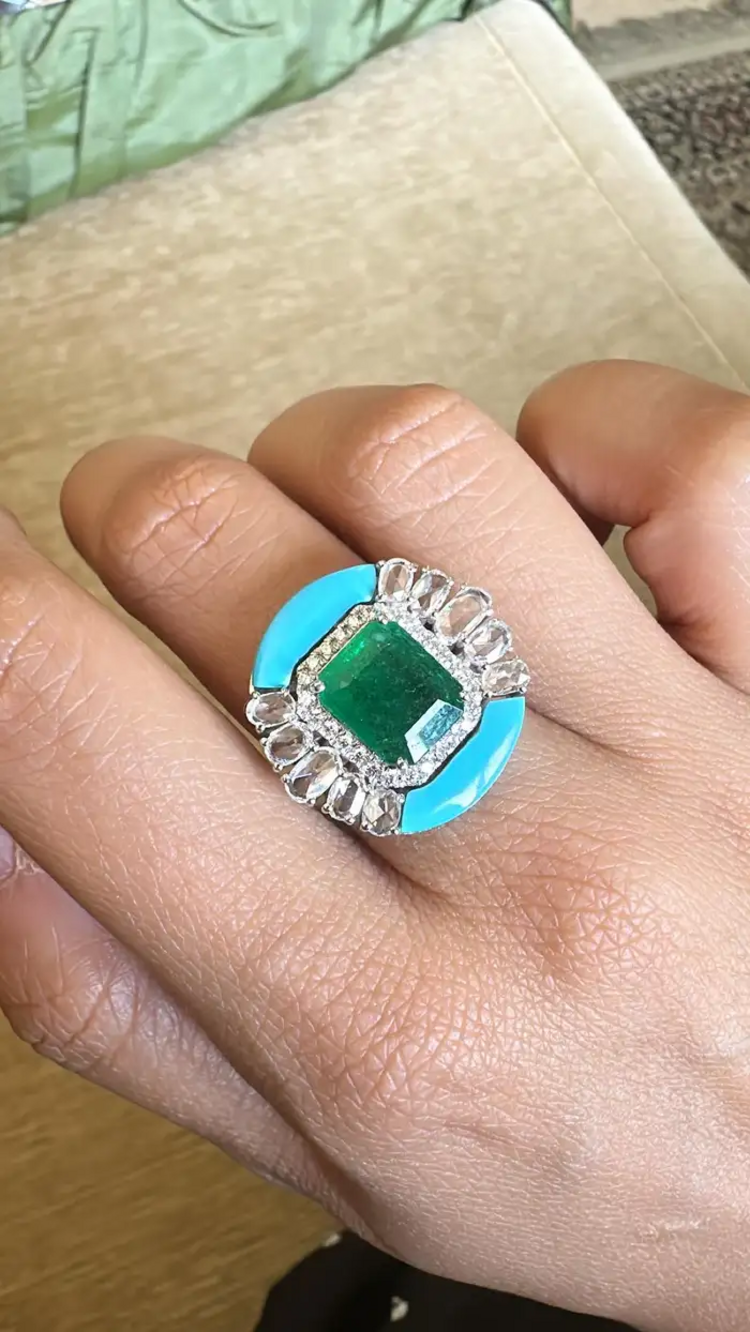 Natural Emerald & Rose Cut Diamond Ring - 18k White Gold Turquoise Gemstone Wedding Ring