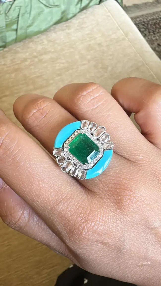 Natural Emerald & Rose Cut Diamond Ring - 18k White Gold Turquoise Gemstone Wedding Ring Main Image