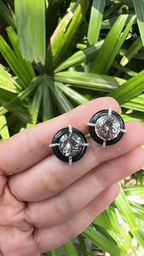 Natural Morganite & Black Onyx Stud Earrings - 18k Gold Diamond Round Tiny Stud Earrings
