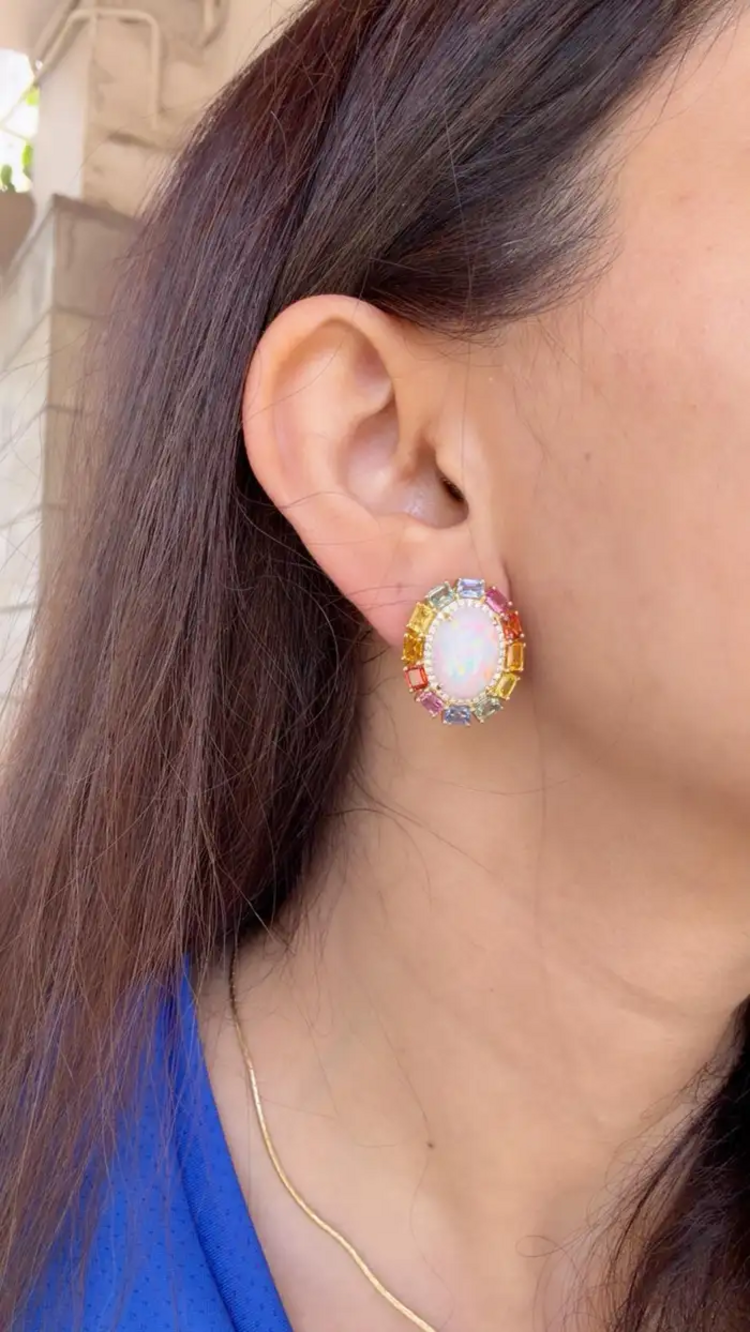 Natural Ethiopian Opal & Multi Sapphire Stud Earrings - 18k Yellow Gold Diamond Earrings