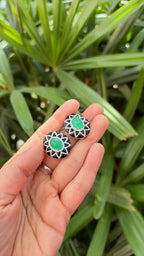18k White Gold Diamond Stud Earrings - Natural Colombian Emerald & Black Onyx Stud Earrings