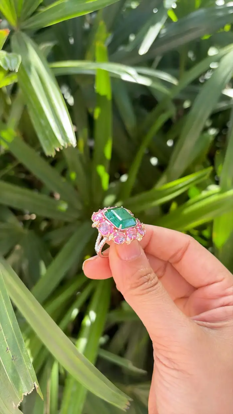 18k Two Tone Gold Ring - Natural Zambian Emerald, Pink Sapphire & Diamond Cocktail Ring