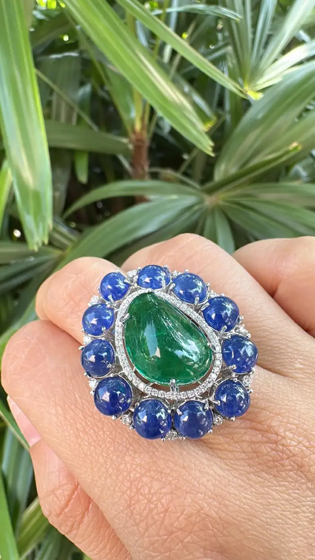 Natural Zambian Emerald & Blue Sapphire Cocktail Ring - 18k White Gold Diamond Ring Main Image