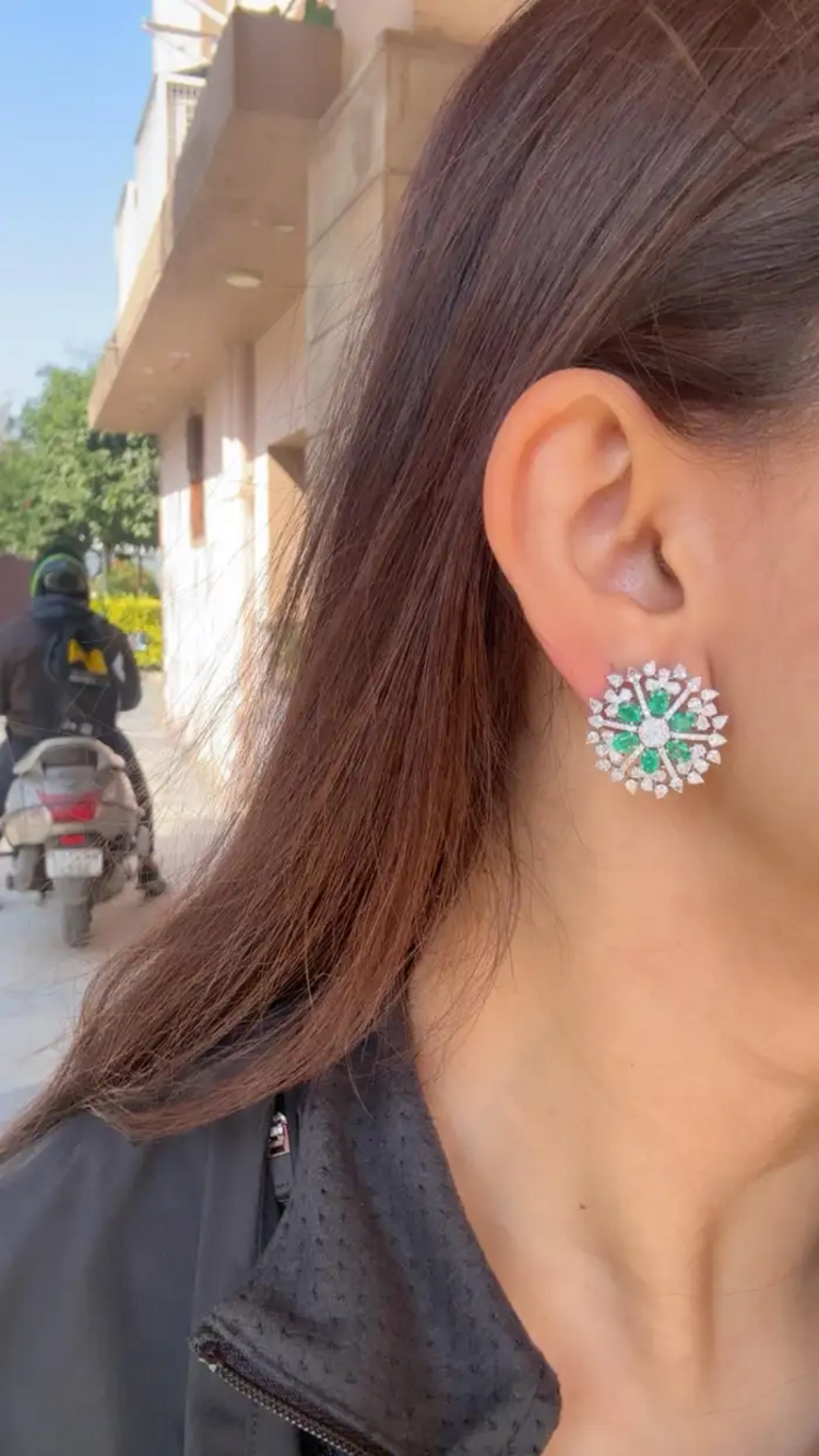 Zambian Emerald Stud Earrings - 18k White Gold Diamond Stud Earrings
