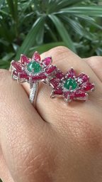 18k White Gold Diamond Toi et Moi Ring - Natural Ruby & Zambian Emerald Wrap Ring