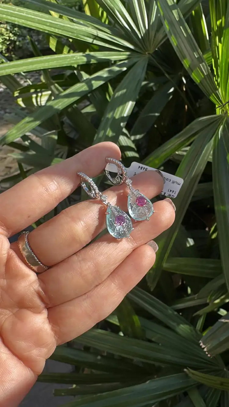 18k White Gold Diamond Dangle Earrings - Natural Ruby & Hand Carved Aquamarine Earrings