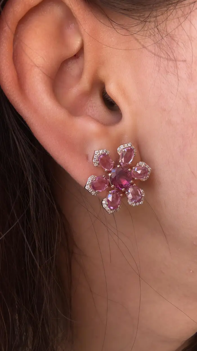 Natural Ceylon Pink Sapphires & Tourmaline Gemstone Floral Stud Earrings - 18k Rose Gold Diamond Earrings Main Image