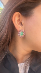 Natural Colombian Emerald & Pink Sapphire Stud Earrings - 18k Rose Gold Diamond Earrings