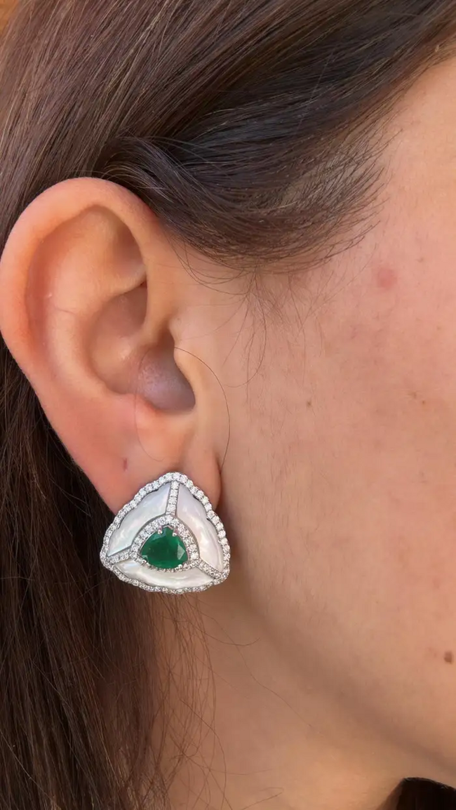 18k White Gold Handmade Diamond Stud Earrings - Natural Zambian Emerald, Mozambique Ruby & Pearl Stud Earrings Main Image
