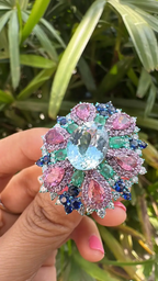 Natural Aquamarine, Sapphires & Emerald Statement Ring - 18k White Gold Diamond Wedding Ring