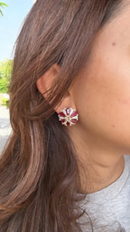 18k Rose Gold Diamond Stud Earrings - Natural Ruby & Rose Cut Diamond Earrings