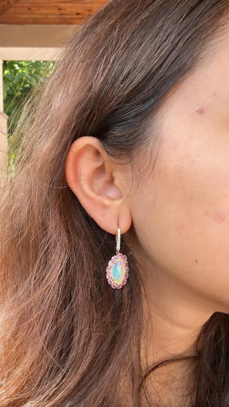 Natural Pink Sapphire & Ethiopian Opal Earrings - 18k Yellow Gold Diamond Earrings