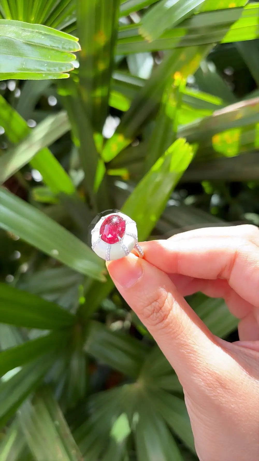 4.32 Ct. Rubellite & White Enamel Cocktail Dome Ring - 18k White Gold Diamond Ring